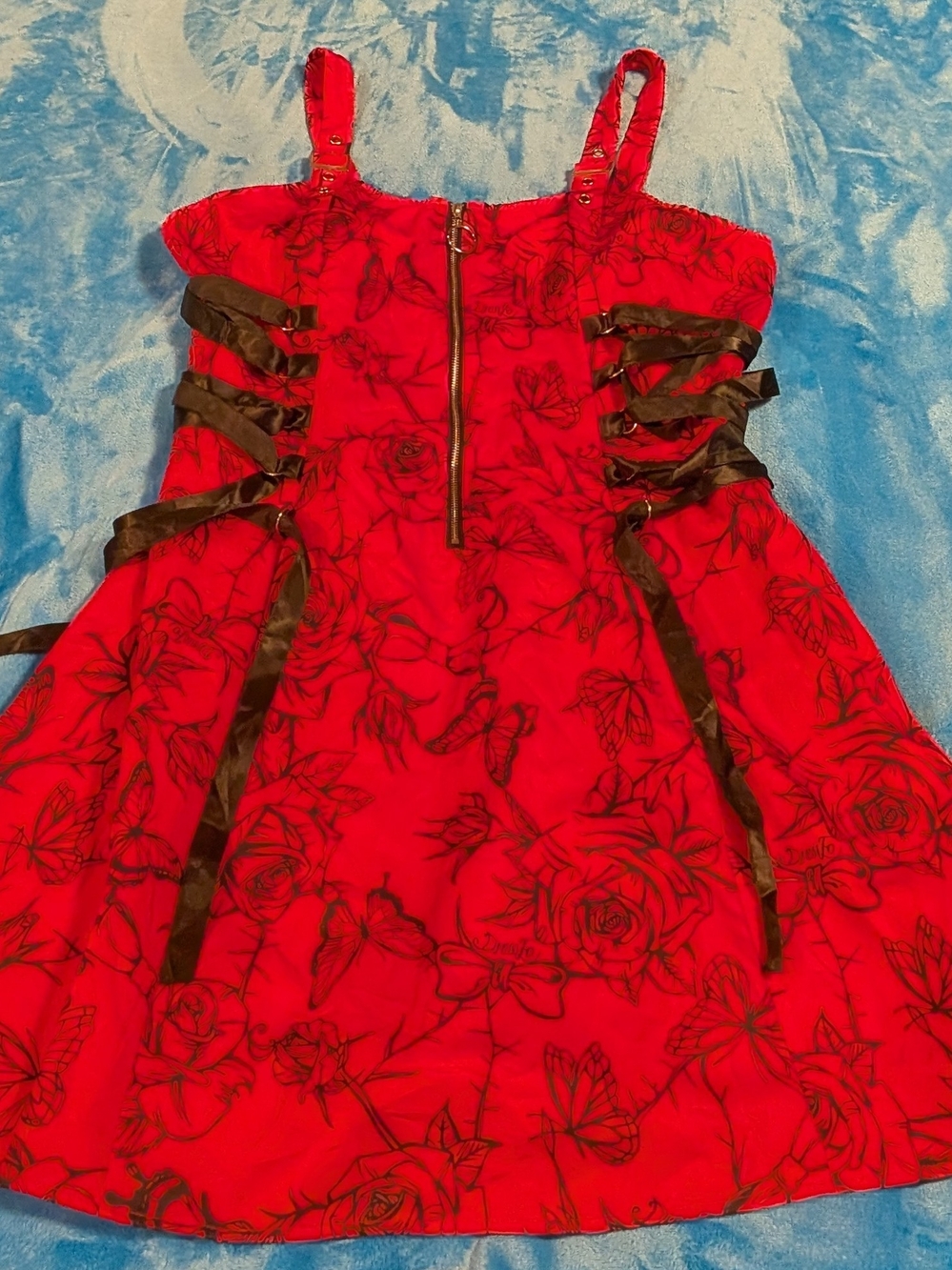 Red Floral Gothic Dress With Ribbon Details, 2XL, Punk, Alt, Dark Romance